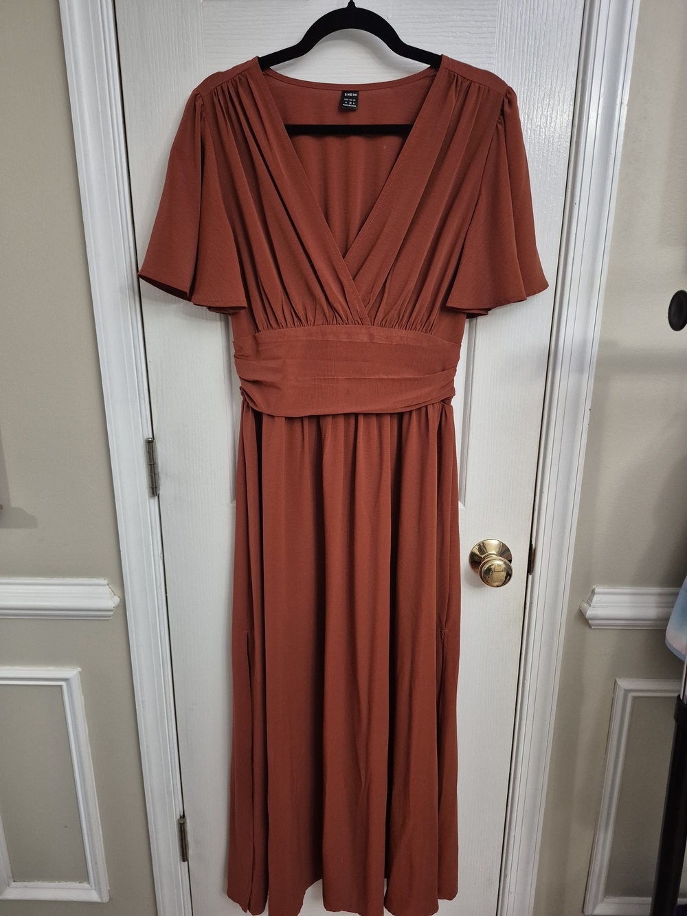SHEIN Rust-Orange V-Neck Maxi Dress with Flutter Sleeves